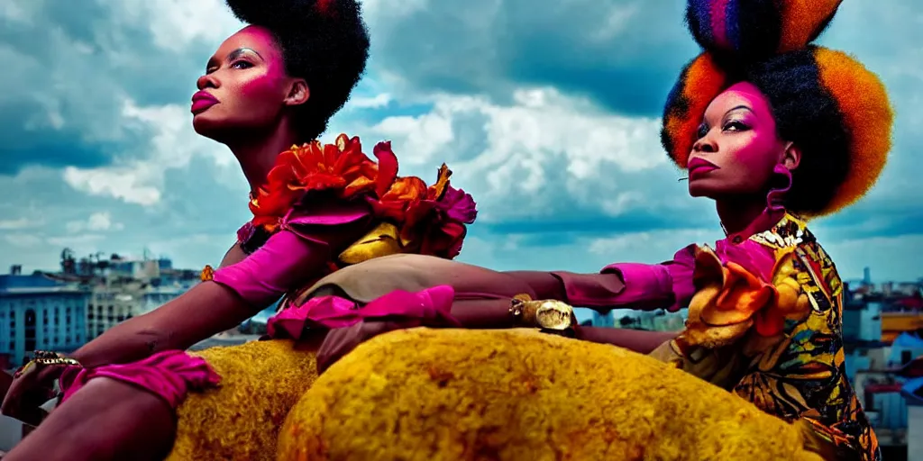 Prompt: movie portrait closeup a beautiful colorful fashion icon jamaican woman is sitting on the top of a roof. beautiful natural skin, the amazing floating neoclassical city, fantasy, steampunk, intricate, amazing composition, gloomy by emmanuel lubezki