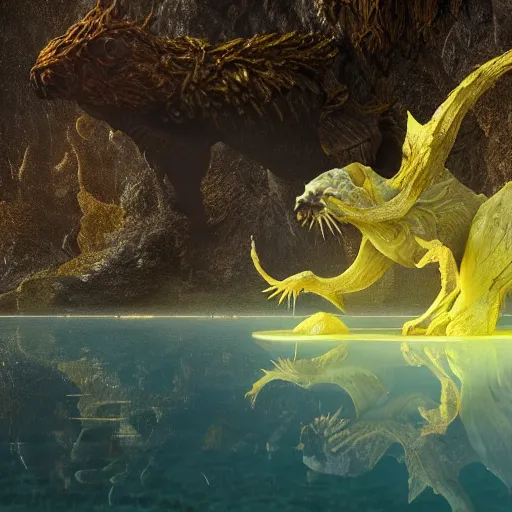 Image similar to cyber crystal animal, in a sulphur lake in new zealand : by michal karcz, guillermo del toro :, dynamic, particulate, intricate, elegant, highly detailed, centered, artstation, smooth, sharp focus, octane render