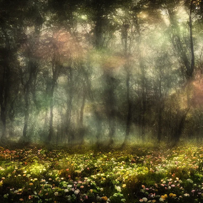 Image similar to a planet of various fungus like trees, mushrooms, flowers and plants, artistic photography, conceptual, long exposure outside the city, volumetric light