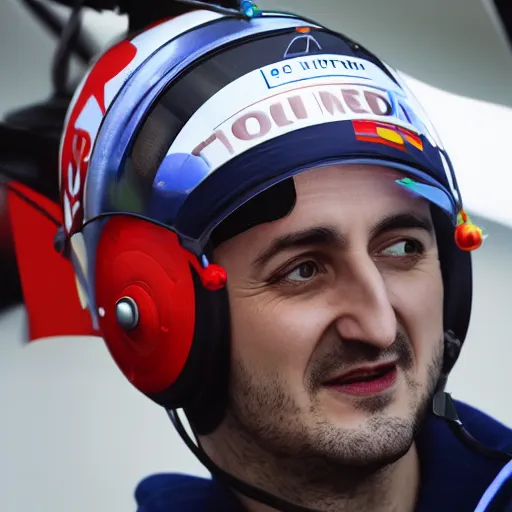 Prompt: Robert Kubica in a colorful helicopter hat with a little rotor on top