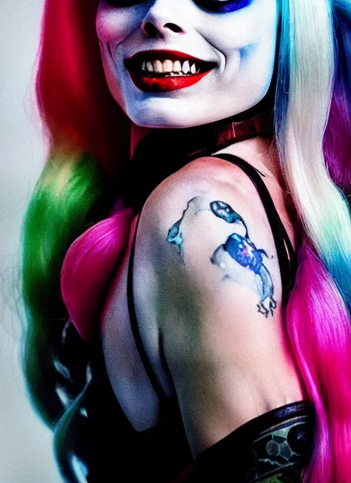 Image similar to 2 8 mm side portrait of beautiful suicide squad happy margot robbie with long white hair that looks like harley quinn, gotham city double exposure, angry frown, glamour pose, watercolor, frank miller, annie leibowitz