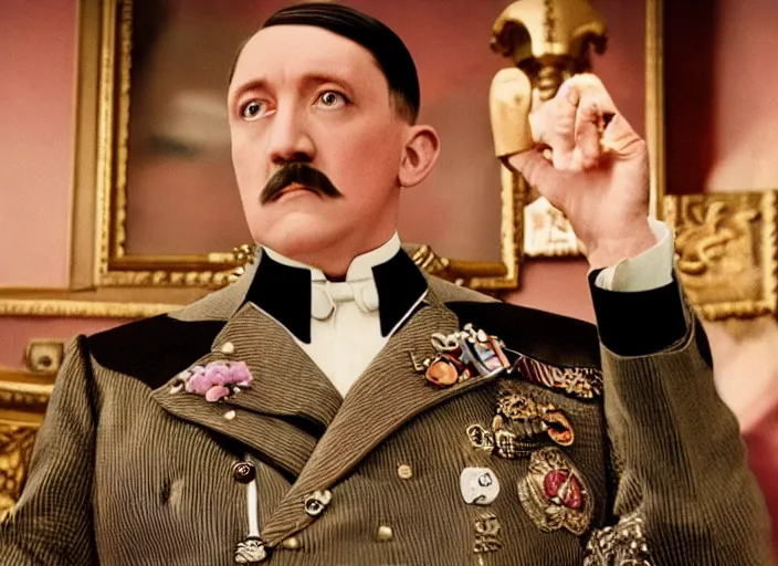 Prompt: a film still of a pompous gay adolf hitler in the grand budapest hotel ( 2 0 1 4 ) )
