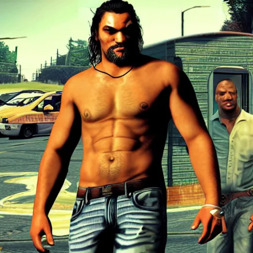 Prompt: jason momoa gta 5 cover art