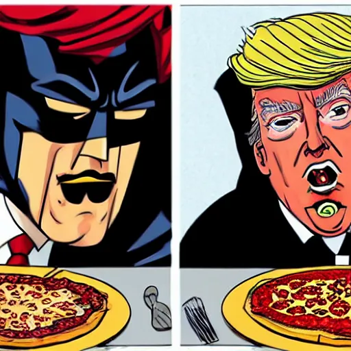 Prompt: Batman eating pizza, with Donald Trump, photograph, candid photo