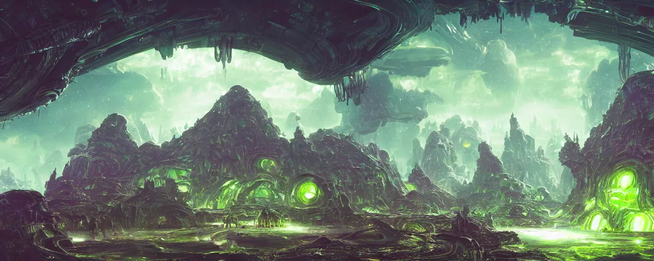 Prompt: ” alien landscape with slimy shiny surfaces, [ cinematic, detailed, epic, widescreen, opening, establishing, mattepainting, photorealistic, 4 k, octane render, art by paul lehr ] ”
