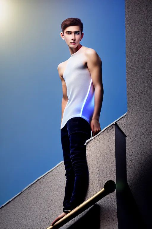 Image similar to un ultra high definition studio quality photographic art portrait of a young man standing on the rooftop of a british apartment building wearing soft padded silver pearlescent clothing. three point light. extremely detailed. golden ratio, ray tracing, volumetric light, shallow depth of field. set dressed.