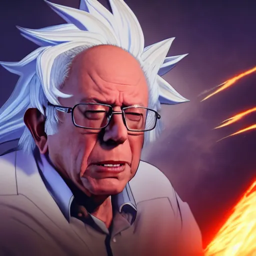 Prompt: bernie sanders with super saiyan hair charging up for a kamehameha, artstation, octane render, highly detailed