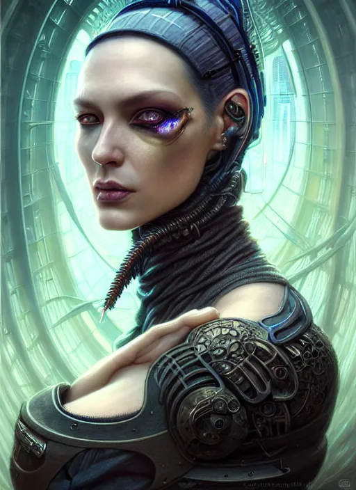 Image similar to closeup portrait shot of a cyberpunk witch in a scenic dystopian environment, intricate, elegant, highly detailed, centered, digital painting, artstation, concept art, smooth, sharp focus, illustration, artgerm, tomasz alen kopera, peter mohrbacher, donato giancola, joseph christian leyendecker, wlop, boris vallejo