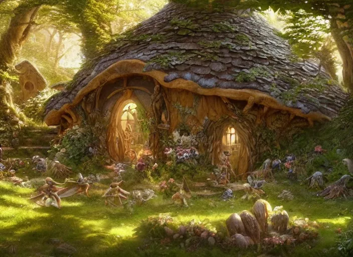 Image similar to winged female elves in the shire scenery landscape, lord of the rings, mushroom house, flowers, highly detailed, perfect lighting, perfect composition, 8 k, artgerm, derek zabrocki, greg rutkowski