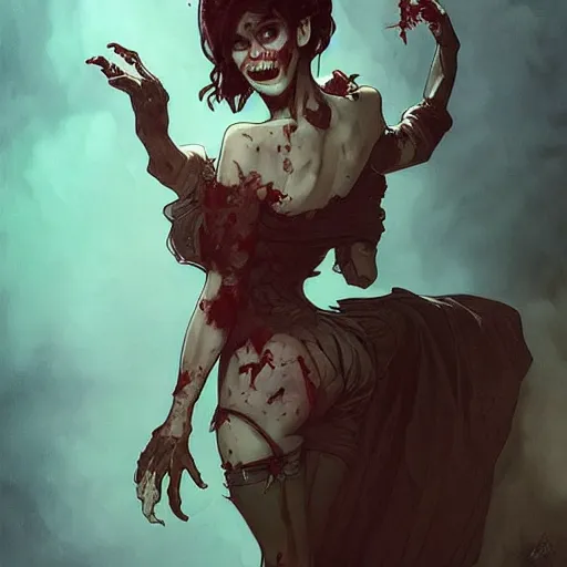 Prompt: A cute female zombie by Artgerm, greg rutkowski and alphonse mucha