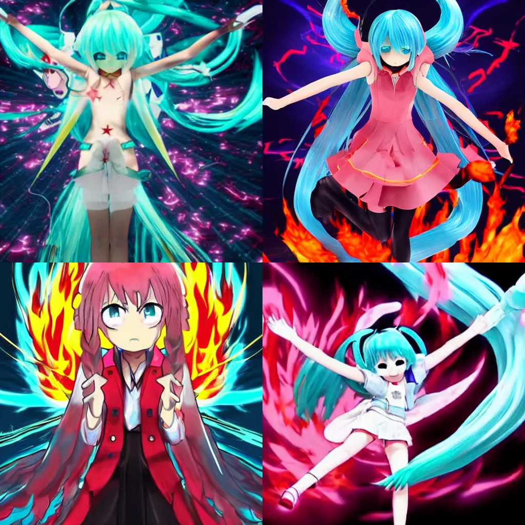 Prompt: hatsune miku striking down god with the unholy flames of hell