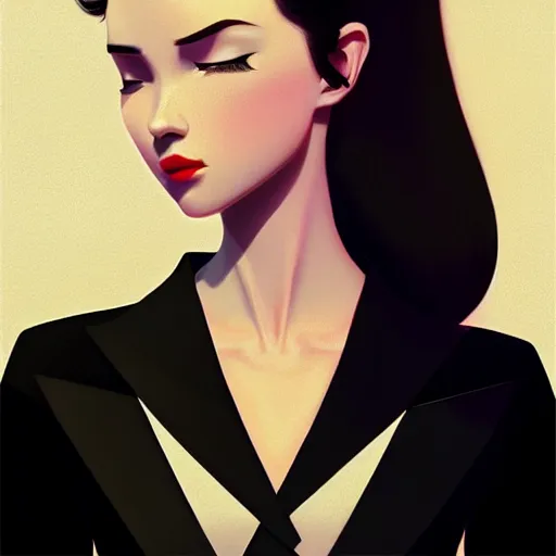 Image similar to young female in black tuxedo, scornful, disdainful, muted colors, matte print, pastel colors, 2d, ultra highly detailed, smooth, sharp focus, digital art, digital painting, fan art, elegant, artstation, head is centered, by Ilya Kuvshinov