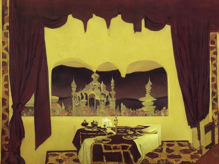 Image similar to a detailed oil painting of a dark arabian large hall rich decorated hall fancy, pillar, ominous,, curtains velours, cutlery by nicholas roerich, by gustave moreau, by frank frazetta, by hans emmenegger, by eyvind earle, moisture, grainy, highly detailed, realistic, outline, line,