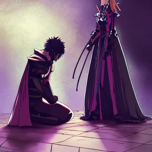 Image similar to detailed art of knight kneeling before a beautiful princess, anime ufotable