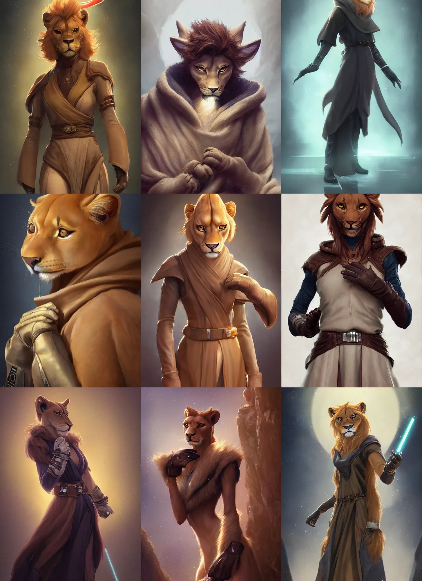 Prompt: beautiful portrait of a female anthropomorphic lioness fursona wearing jedi robes. leather gloves. character design by disney, charlie bowater, ross tran, artgerm, and makoto shinkai, detailed, soft lighting, rendered in octane