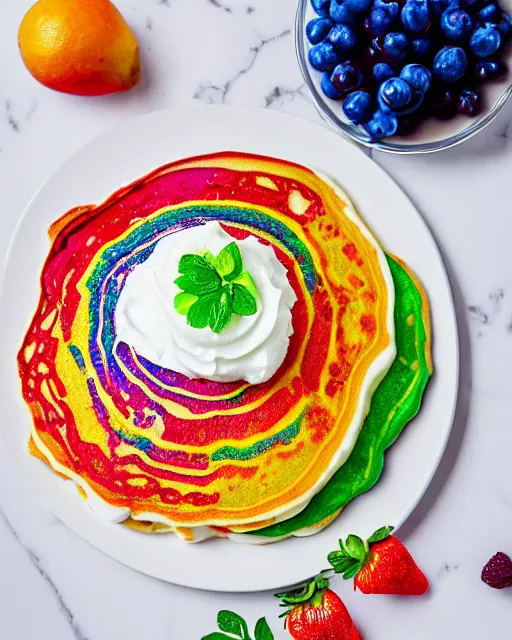 Prompt: realistic photo of delicious rainbow pancakes with fruits, whipped cream, white kitchen table, cloth, marble, highly detailed, by louise lister, sara ali, mary devinat, kailee mandel, sharp focus!!, masterpiece, award winning, elegant, instagram, high quality food photography