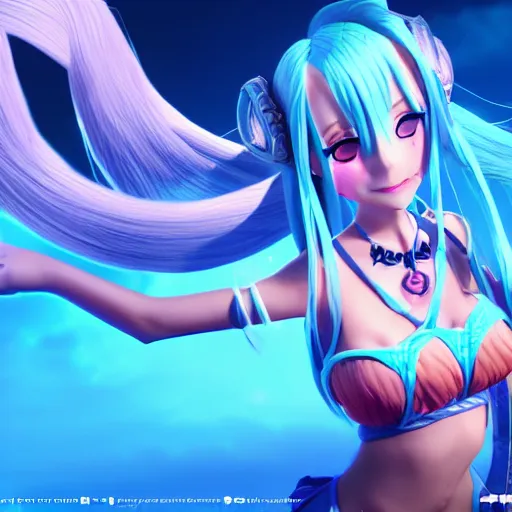 Prompt: Jinx from League render as a very beautiful 3d anime girl, long braided sky blue hair, twisted braid, azure blue eyes, full round face, cute light blue bikini, short smile, beach background, cinematic lightning, medium shot, mid-shot, highly detailed, trending on Artstation, Unreal Engine 4k, cinematic wallpaper