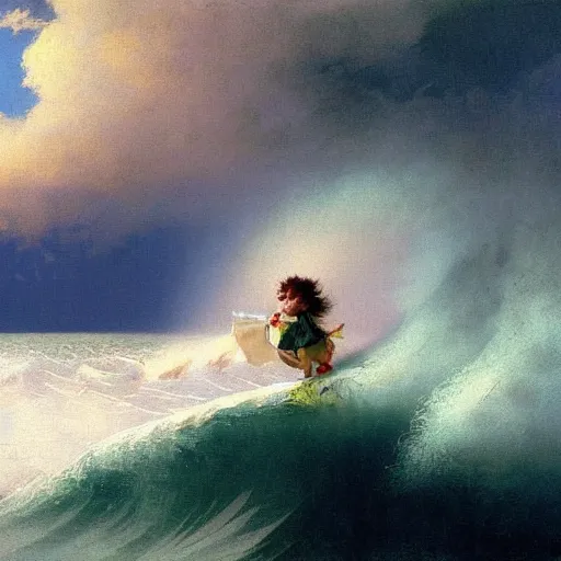 Image similar to a detailed matte painting of a long-haired gnome surfing huge ocean wave on a surfboard, painting by Ivan Aivazovsky