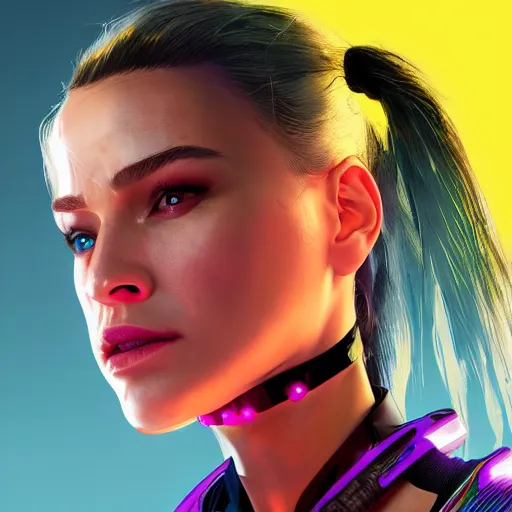 Image similar to headshot portrait of female V from cyberpunk 2077 wearing thick steel choker around neck, 4K, detailed face, collar on neck, realistic, artstation, neon,