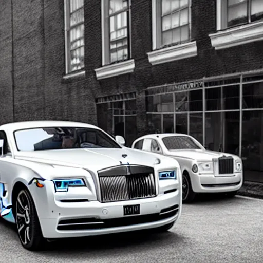 Prompt: Rolls Royce Wraith parked next to Model T ford, black and white