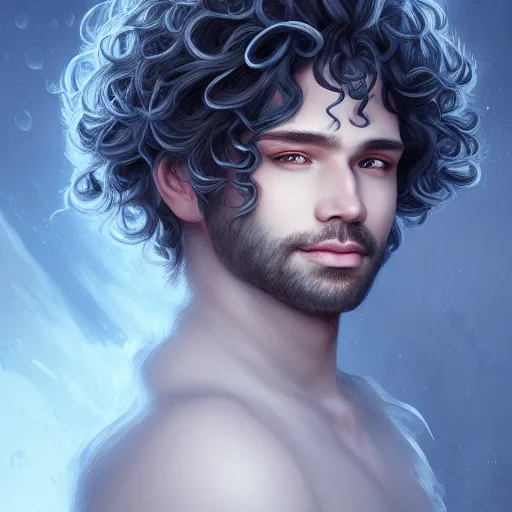 Image similar to award winning commission portrait of a man made of ice with curly hair,digital art,hyperdetailed,detailed fa e,ross tran,character design by charles bowater,deviantart,artstation,photorealistic,4k