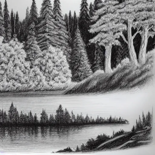 Image similar to Bob Ross drawing a forest with a lake