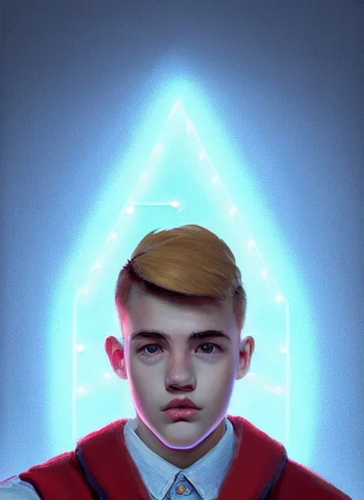 Image similar to portrait of high school senior boy named big moose, blonde short hair, jock, beefy, wide face, square jaw, square facial structure, blue varsity jacket with letter r, intricate, elegant, glowing lights, highly detailed, digital painting, artstation, concept art, sharp focus, illustration, art by wlop, mars ravelo and greg rutkowski