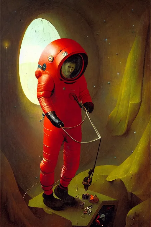 Image similar to hieronymus bosch, greg rutkowski, anna podedworna, painting of a red spacesuit with a large backpack and a large mirrored visor, crawling out of a vent in a space ship