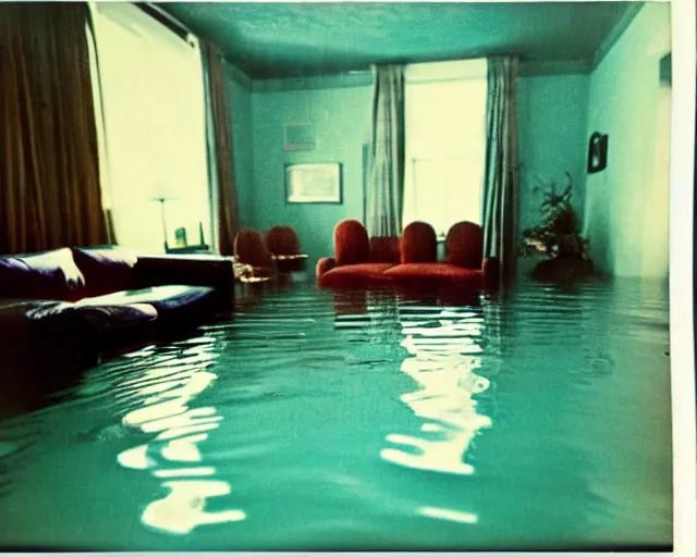 Prompt: An award winning photo of 1970's living room flooded with water, 4k, color Polaroid photo