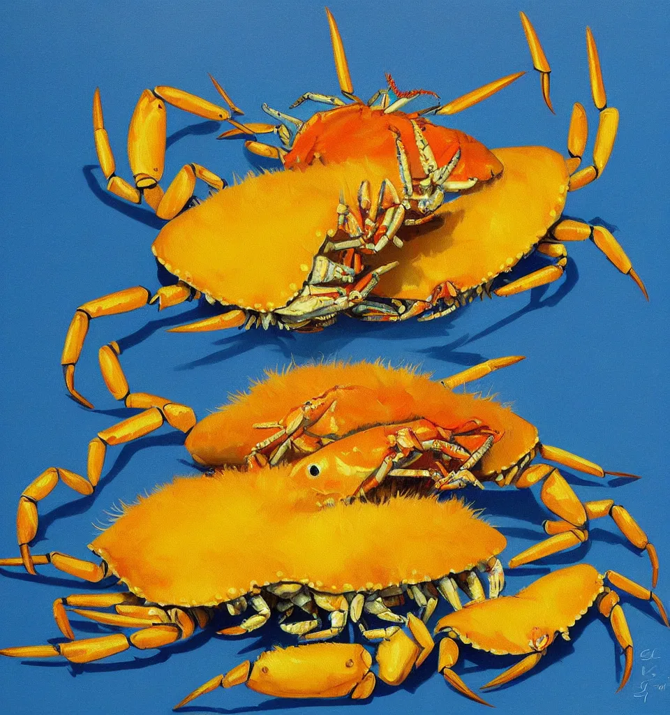 Prompt: still life painting of a blue fat fish crab lobster dancing with a yellow laughing duck rabbit on a white table, high contrast lighting, impressionism, real fur, real feather