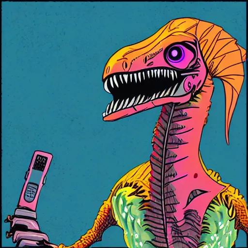 Prompt: velociraptor wearing headphone, synthwave style