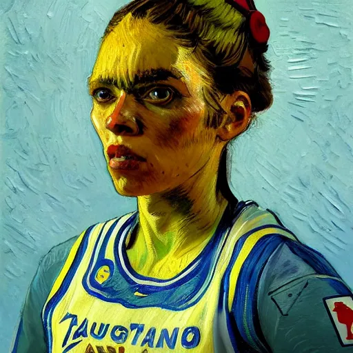 Image similar to painting of an woman basketball player, a van gogh style, greg rutkowski, artstation