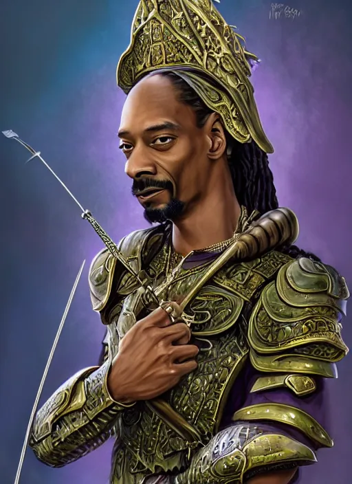 Image similar to snoop dogg as an archer, short beard, grumpy, intricate plate armor with purple accents, Ivan Aivakovsky, Boris Vallejo, epic fantasy character art, D&D Concept Art, full length, Realistic, Regal, Refined, Detailed Digital Art, Oil Paining, Exquisite detail, post-processing, masterpiece, Cinematic Lighting, Unreal Engine, 8k, HD, Stanley Artgerm Lau, WLOP, Rossdraws, Frank Frazetta, Andrei Riabovitchev, Marc Simonetti, trending on artstation,