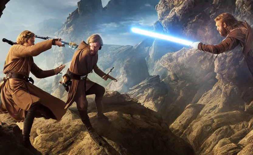 Image similar to anakin skywalker and obi wan kenobi engaging in an epic duel on a cliffside, epic, fantasy artwork, intense, cinematic, raytracing, dynamic lighting, 4 k