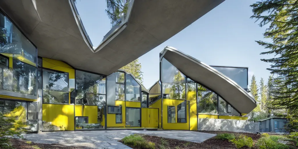 Image similar to large futuristic residence, gray concrete, yellow metal pipes, many large green windows, pacific northwest, triangular elements