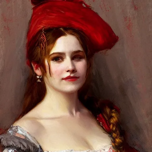 Image similar to Solomon Joseph Solomon and Richard Schmid and Jeremy Lipking victorian genre painting portrait painting of a happy young beautiful woman traditional german french actress model pirate wench in fantasy costume, red background