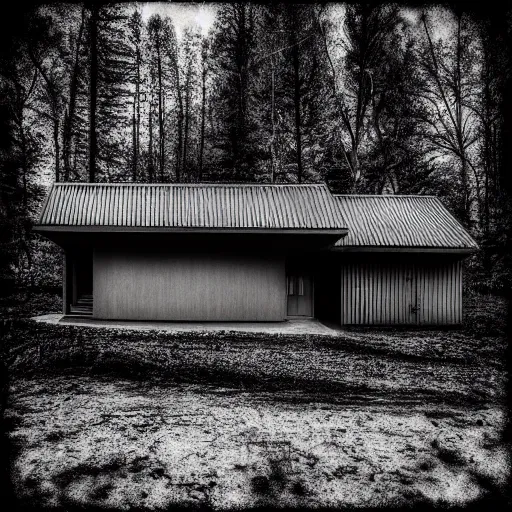 Prompt: hyperrealistic highly detailed modern house 3 / 4 by peter zhumtor in the tropical wood, mystic, melancholy, pinhole analogue photo quality, lomography, scratches on photo, noise effect, blur effect, black and white color photograph, photorealistic shot, monochrome