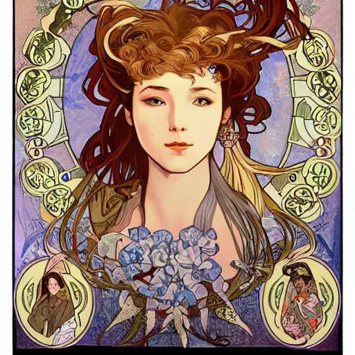 Image similar to a painting in the style of alphonse mucha and in the style of ayami kojima.