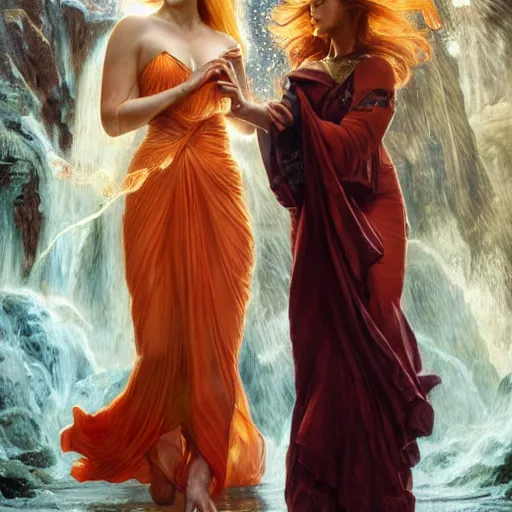 Image similar to a highly detailed byzantine painting of scarlett johansson and emma watson as red haired queens walking through a waterfall in a gossamer thin orange dress, epic fantasy, stormy night, viewed in profile from far away, ultrawide lens, art by artgerm and greg rutkowski and alphonse mucha, volumetric lighting, 4 k resolution, trending on artstation, masterpiece