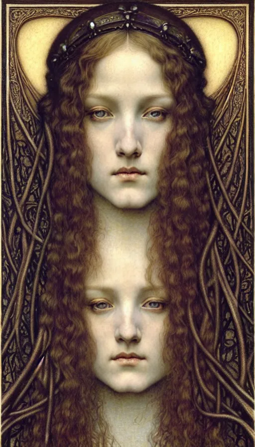 Image similar to detailed realistic beautiful young medieval queen face portrait by jean delville, gustave dore and marco mazzoni, art nouveau, symbolist, visionary, gothic, pre - raphaelite. horizontal symmetry