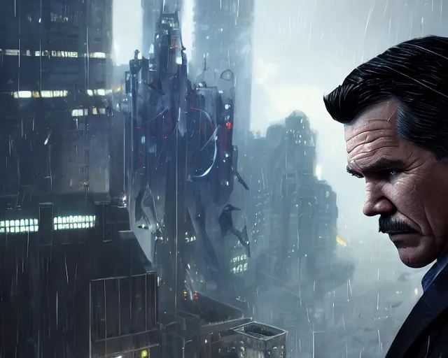 Image similar to highly detailed portrait of josh brolin as bruce wayne, in batman : arkham knight, stephen bliss, unreal engine, fantasy art by greg rutkowski, loish, rhads, ferdinand knab, makoto shinkai and lois van baarle, ilya kuvshinov, rossdraws, tom bagshaw, global illumination, radiant light, detailed and intricate environment