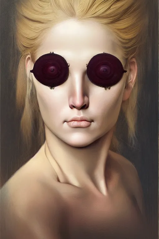 Image similar to hyper realistic portrait of blonde girl with an eyepatch in the style of wayne barlowe, gustav moreau, goward, bussiere, roberto ferri, santiago caruso, luis ricardo falero, austin osman spare