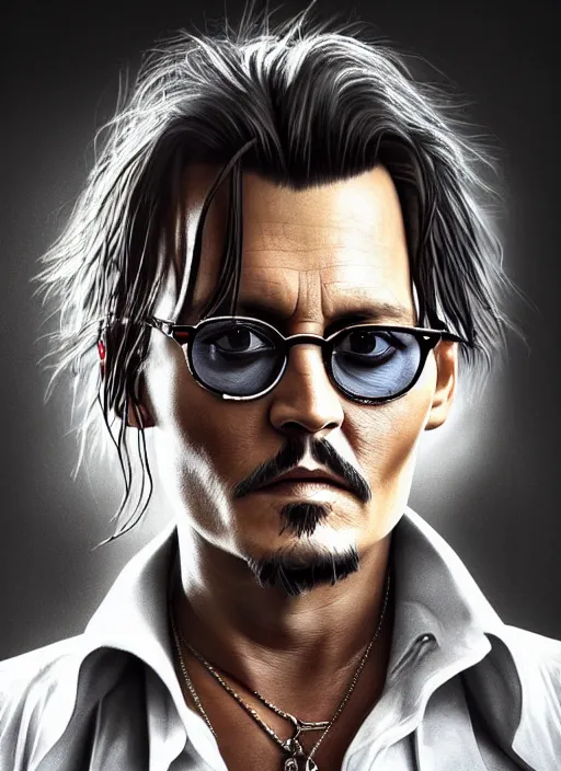 Image similar to portait of Johnny Depp, sharp focus, illustation, stunning lighting, realistic character concept, light atmosphere, golden ration, cinematic lighting, high resolution, insanely detailed and intricate, art by Hayao Miyazaki and Matt Groening, 8k