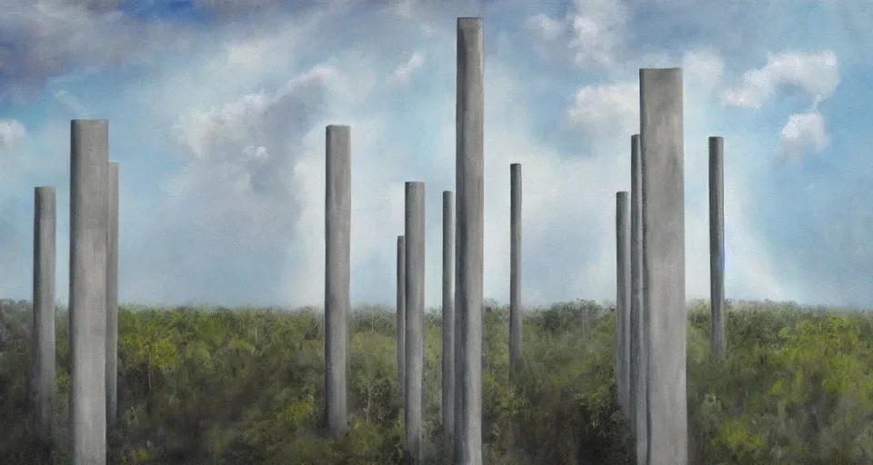 Prompt: world of only concrete, a flat endless plane of concrete covered in thin, very tall concrete pillars that go on to the horizon, vegetation retaking the world, open sky, blue sky with clouds, god rays, beautiful painting, oil on canvas, by Ewa Czarniecka, award winning masterpiece,