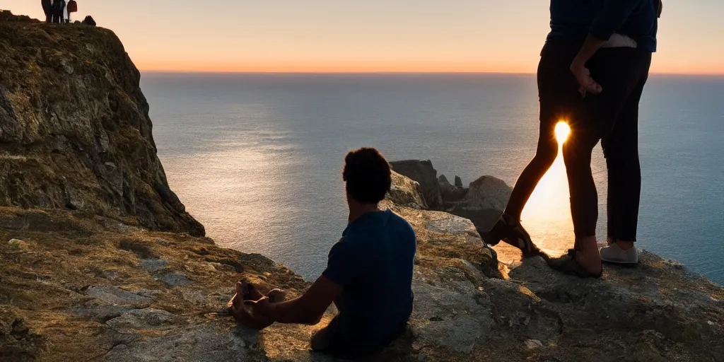 Prompt: film still from poetic truth about money and love(2017) two friends holding hands siting on a cliff watching the sunset together by Emmanuel Lubezki