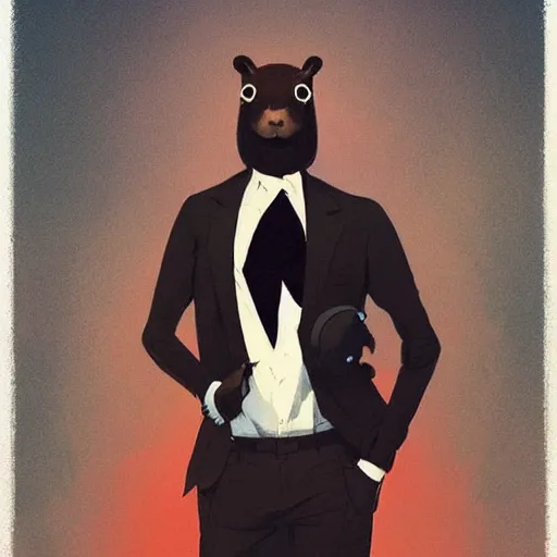 Prompt: an antropomorphic capybara using a black suit! by atey ghailan, by greg rutkowski, by greg tocchini, by james gilleard, by joe fenton, by kaethe butcher, grunge aesthetic!!!