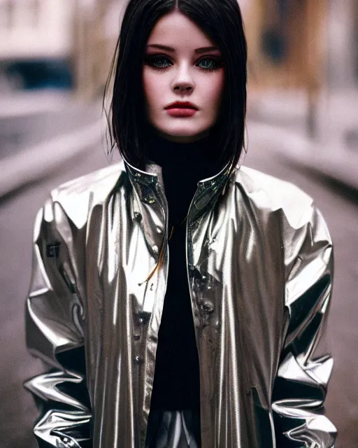 Prompt: detailed portrait kodak portra 800; grainy film European Pretty Young Girl Storm Rain bladerunner movie Reflective jacket coat, Futuristic sci-fi fashion, royal attire Perfect face, fine details, realistic shaded, fine-face, pretty face