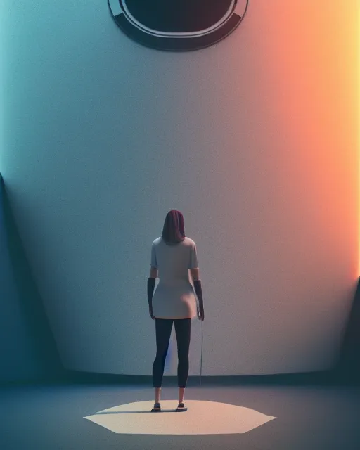 Image similar to a person standing in front of an open door, poster art by mike winkelmann, trending on cg society, space art, sci - fi, ue 5, futuristic, volumetric lighting