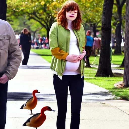 Image similar to emma stone is pregnant, standing in the park feeding ducks avacados