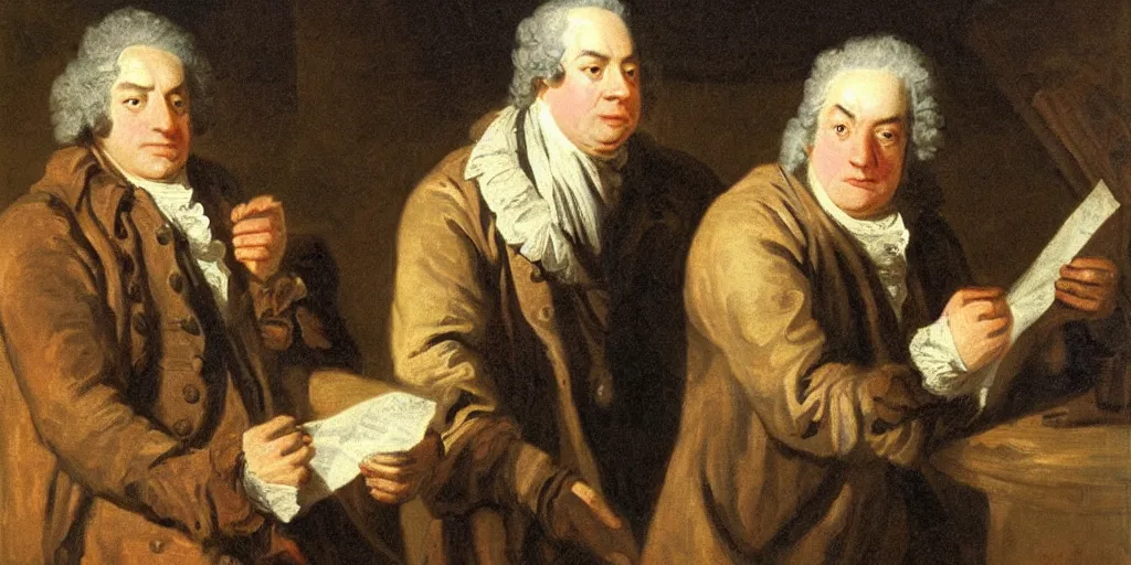 Prompt: Samuel Johnson looking at a piece of paper like what the fuck, meme, Sir Joshua Reynolds, 1775 oil painting